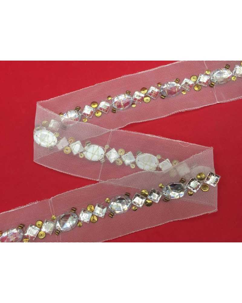 30 Cm Passamaneria Abbigliamento Pietre Trasparenti Oro Base Tulle Alto Cm 2