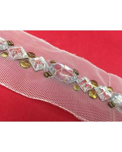 30 Cm Passamaneria Abbigliamento Pietre Trasparenti Oro Base Tulle Alto Cm 2