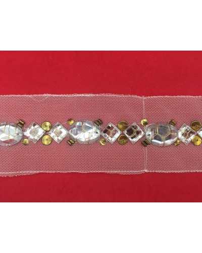 30 Cm Passamaneria Abbigliamento Pietre Trasparenti Oro Base Tulle Alto Cm 2