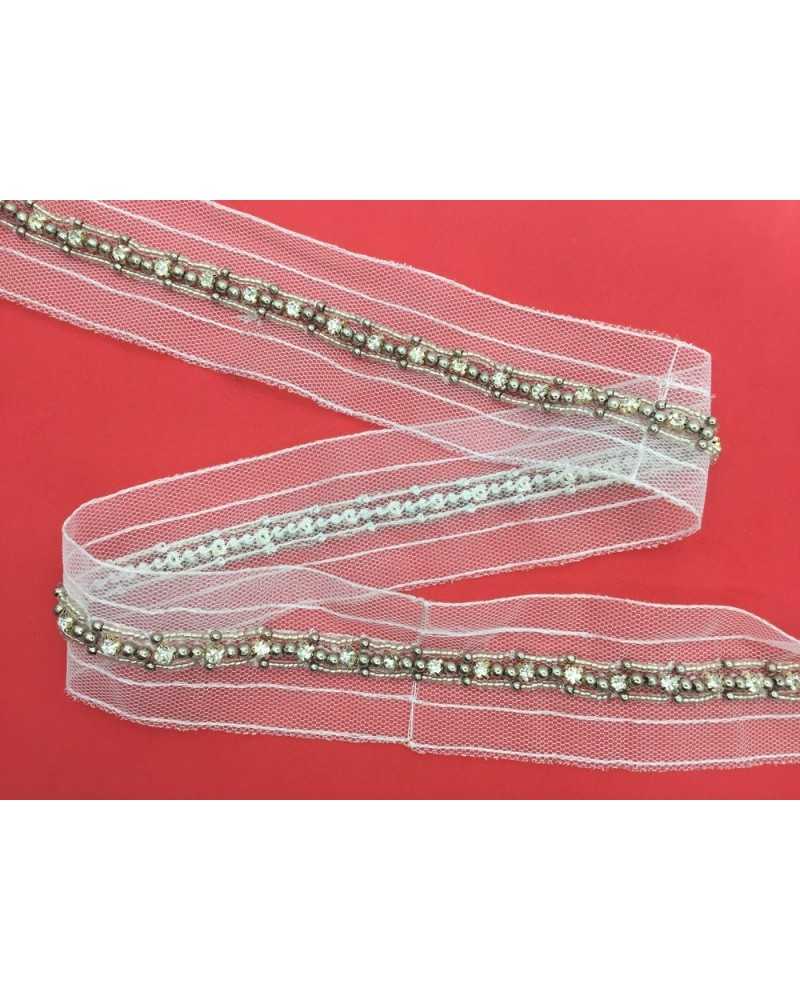 50 Cm Passamaneria Tramezzo Tulle Gallone Strass Perline Alto 45 Mm