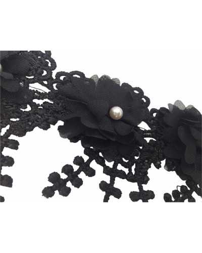 50 cm Verzierungen Fransen Makramee-Blume Georgette Perlweiß hoch 9 cm