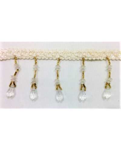 Pasamanería con piedras transparentes en forma de lágrima y tubos cosidos en oro de 6 cm de altura