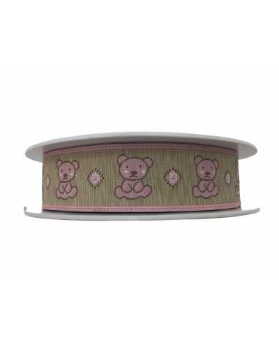 Trimmings Beige Ribbon Galloon Baby Embroidered Pink Bear 25 Mm High