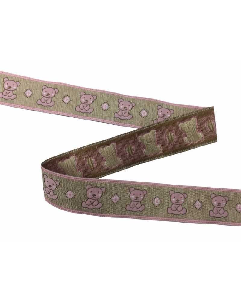 Trimmings Beige Ribbon Galloon Baby Embroidered Pink Bear 25 Mm High