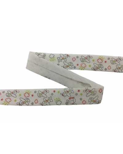 Passementerie Biais Plié Blanc Laiteux Imprimé Avion Etoiles Haut 2 Cm