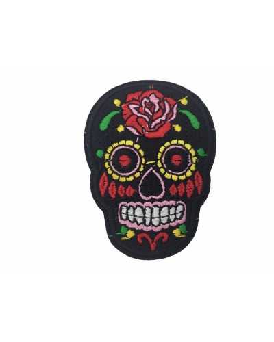 Gestickter Aufnäher zum Aufbügeln, farbige Totenkopf-Blume, 5 x 7 cm