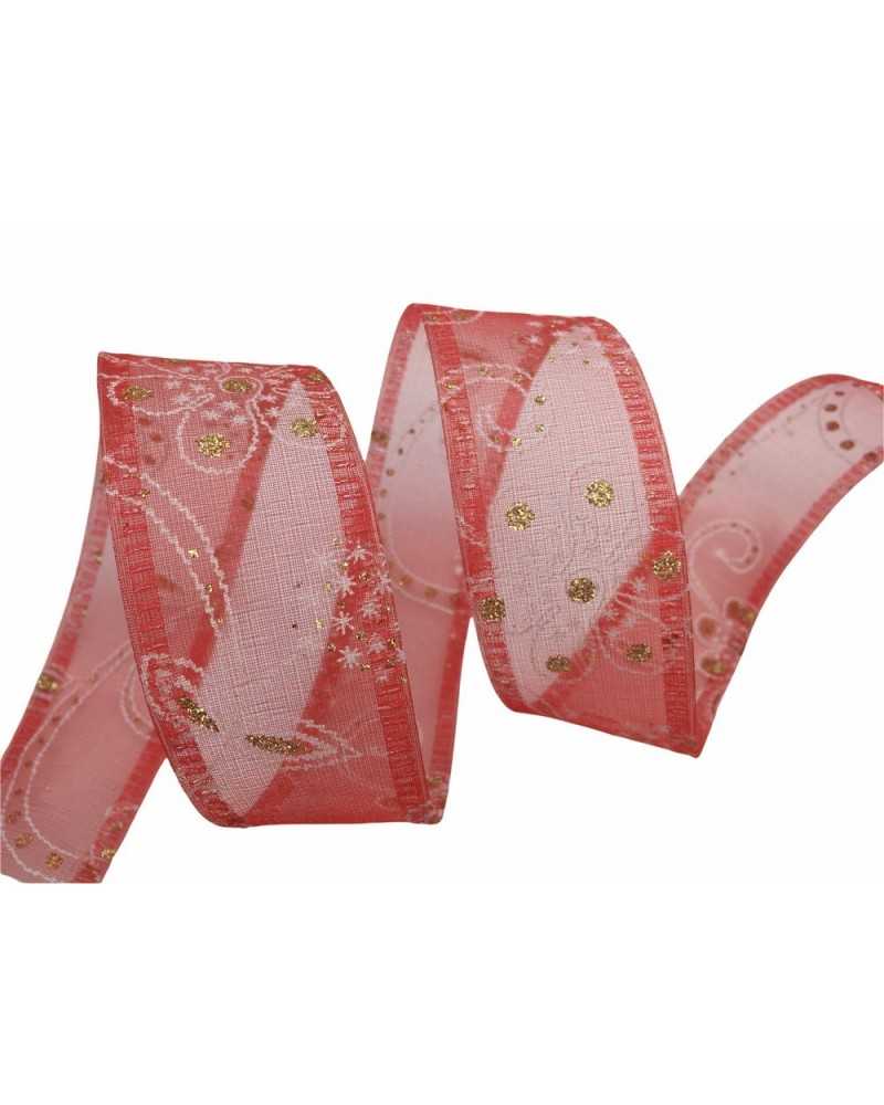 10 Mt Navidad Organza Cinta Pasamanería Estampado Flores Blancas Brillo Dorado 4 Cm Alto 