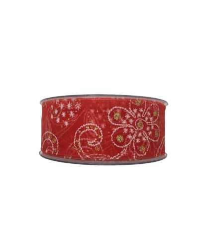 10 Mt Ruban Organza De Noël Passementerie Imprimé Fleurs Blanches Paillettes Dorées 4 Cm De Haut 