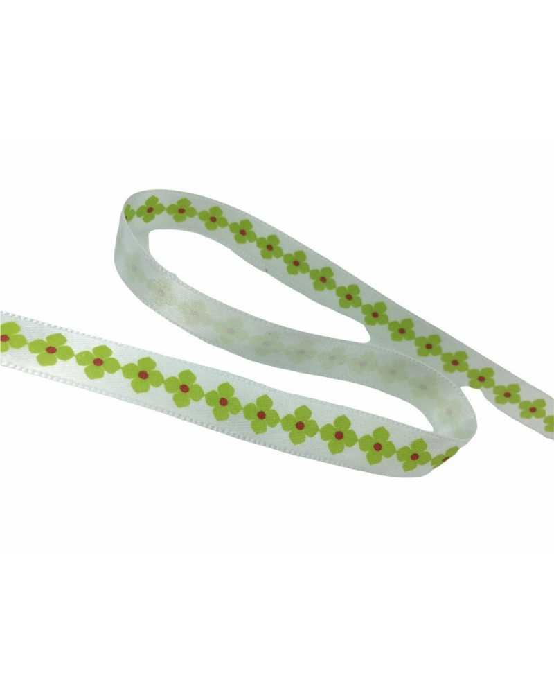Passementerie Ruban De Noël Satin Blanc Imprimé Fleurs Vertes 10 Mm De Haut
