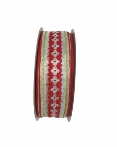 Passamaneria Nastro Natale Bianco Stampato Fiori Rosso Alto 25 Mm