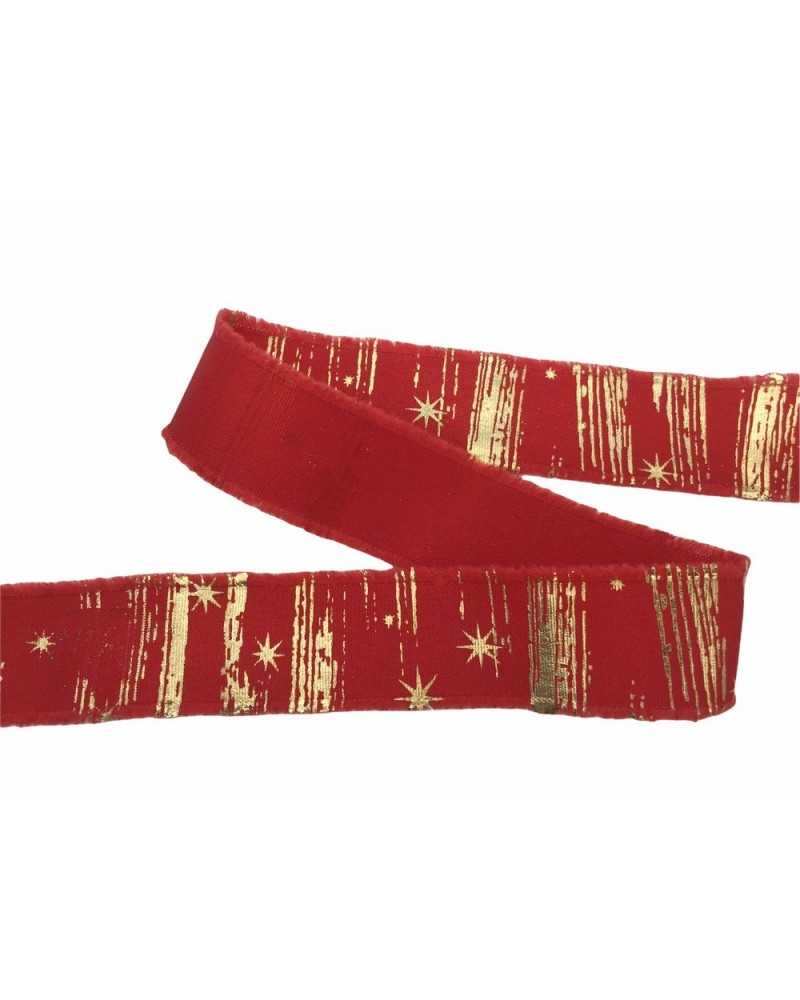 Passementerie Ruban De Noël Rouge Imprimé Étoile Dorée Haut Mm 35