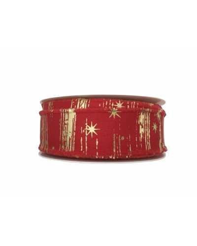 Passementerie Ruban De Noël Rouge Imprimé Étoile Dorée Haut Mm 35