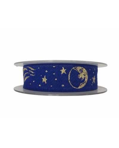 Ruban Passementerie Gallon Noël Brodé Bleu Or Etoile Lune 3 Cm De Haut