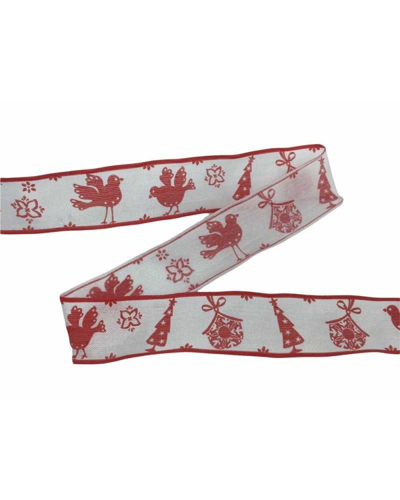 Garniturenband, weihnachtlich, weiß, bedruckt, Schleife, Baum, Vogel, 25 mm hoch