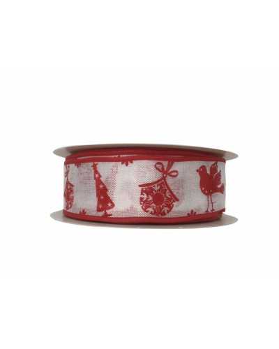 Garniturenband, weihnachtlich, weiß, bedruckt, Schleife, Baum, Vogel, 25 mm hoch