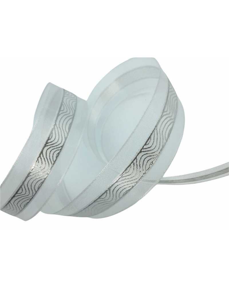 Passementerie Ruban De Noël Organza Argent Géométrique Haut 22 Mm