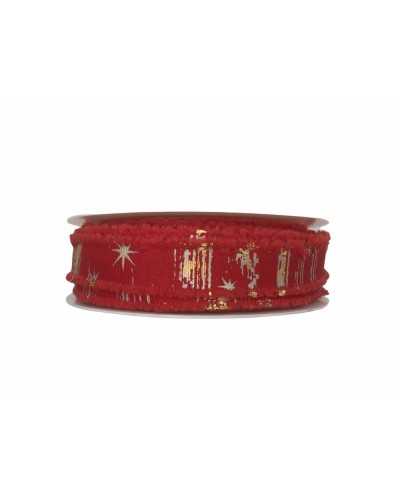 Passementerie Ruban De Noël Rouge Imprimé Étoile Dorée Haut Mm 18
