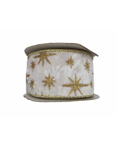 Ruban De Noël Passementerie Rigide Blanc Chenille Lamè Etoile Or 60 Mm De Haut