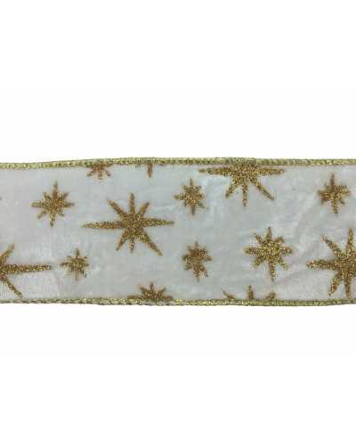 Ruban De Noël Passementerie Rigide Blanc Chenille Lamè Etoile Or 60 Mm De Haut