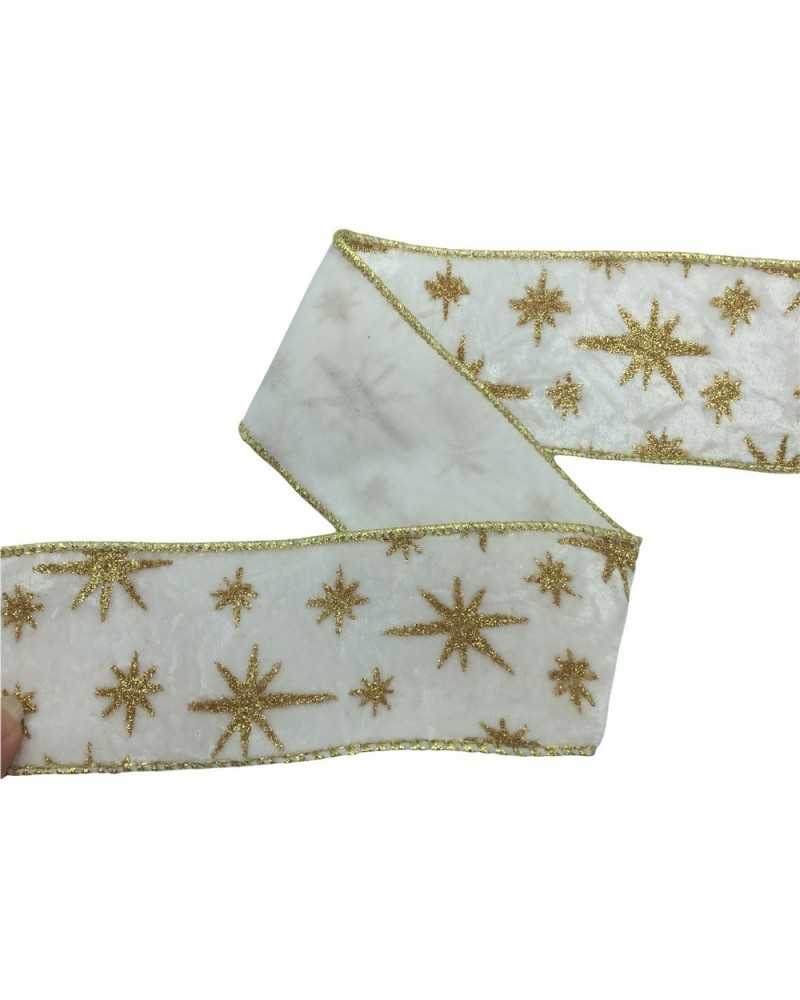 Pasamanería Cinta Navideña Chenille Lamè Blanco Rígido Star Gold 60 Mm Alto