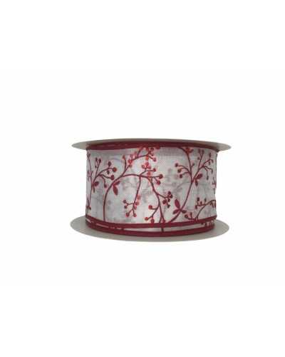 Garnituren, weißes Weihnachtsband, bedruckt mit roten Lurexzweigen, Höhe 40 mm