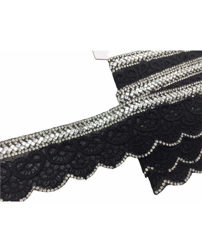 25 Cm Trimmings Iron-On Lace Macramè Black Strass 45 Mm High