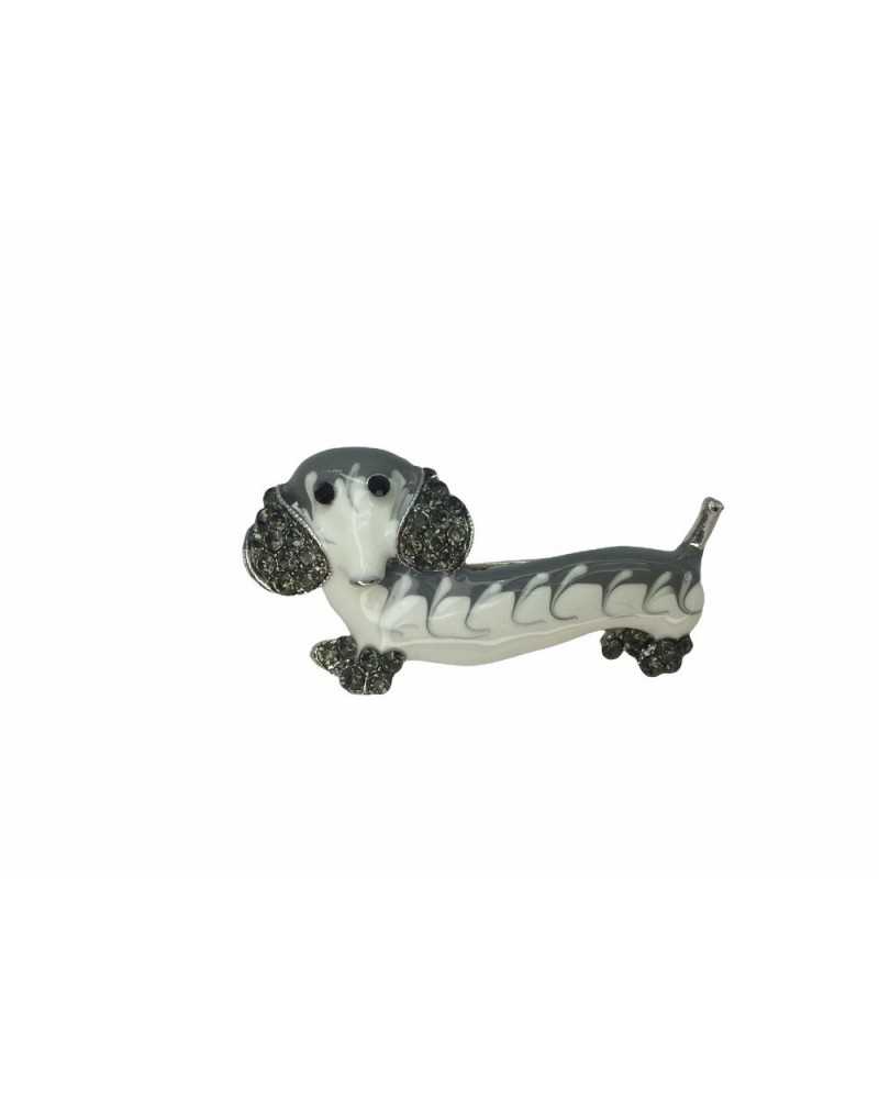 Broche Teckel Argent Base Métal Couleurs Gris et Blanc 45x25 Cm