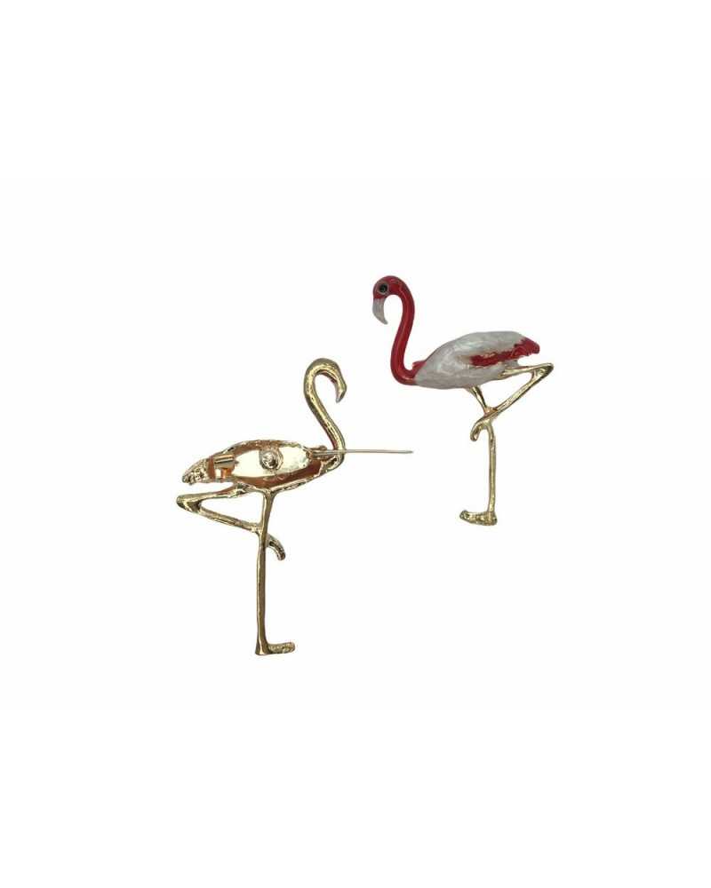 Spilla Fenicottero Applicazione Metallo Base Oro Colori Rosso Rosa Cm 5x3,5