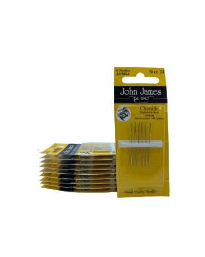 6 Agujas de Lana de Mano Mis. 24 Punta Bruco Chenille Tres Estrellas John James 35 Mm Alto