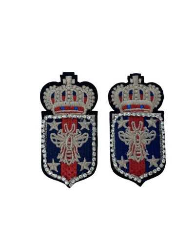 Gestickter Aufnäher zum Aufbügeln, rot, blau, grau, Wappen, Krone, Strass, genäht, 35 x 75 mm