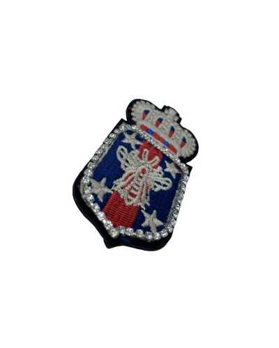 Gestickter Aufnäher zum Aufbügeln, rot, blau, grau, Wappen, Krone, Strass, genäht, 35 x 75 mm