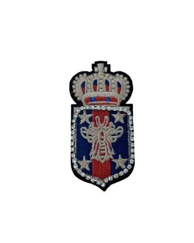 Écusson Brodé Thermocollant Blason Rouge Bleu Gris Couronne Strass Cousu 35x75 Mm