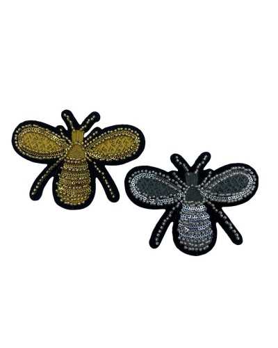 Ecusson Thermocollant Insecte Volant Ailes de Guêpe Brodé Perles Fil Métal 95x70 Mm