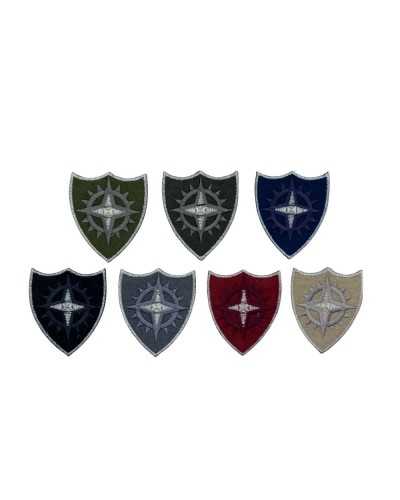 Aufnäher zum Aufbügeln, Applikation, Schild, Stern-Emblem, silberfarbene Lurex-Stickerei, 6 x 5 cm