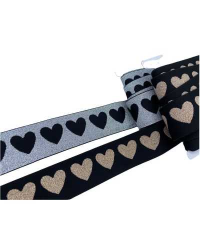 50 Cm Passementerie Élastique Base Noire Galon Brodé Coeur Lurex 4 Cm De Haut