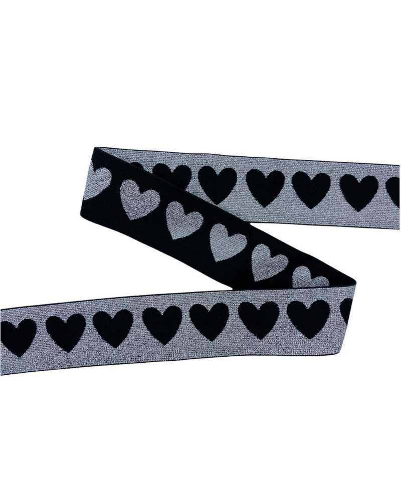 50 Cm Trimmings Elastic Black Base Embroidered Gallon Heart Lurex 4 Cm High