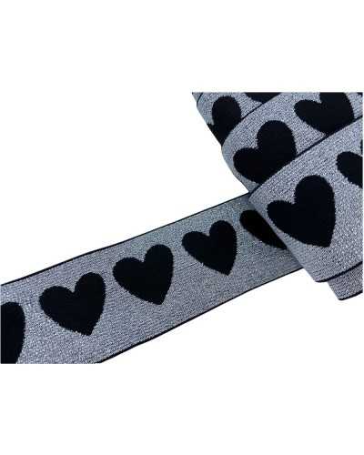 50 cm Besätze, elastische schwarze Basis, besticktes Gallonenherz, Lurex, 4 cm hoch