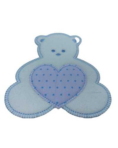 Aplicación Termoadhesivo Parche Bordado Corazón Oso Tela Lunares Azul Claro 12x14 Cm