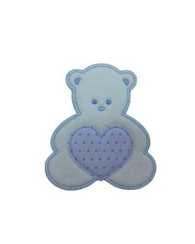 Thermoadhesive Application Patch Embroidery Heart Bear Fabric Polka Dots Light Blue 12x14 Cm