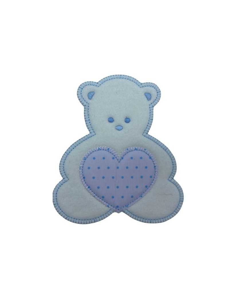 Thermoadhesive Application Patch Embroidery Heart Bear Fabric Polka Dots Light Blue 12x14 Cm