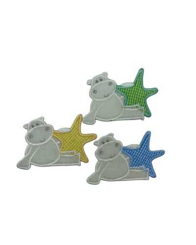 Applicazione Termoadesiva Patch Ricamo Stella Quadretto Ippopotamo Panna 9x7 Cm