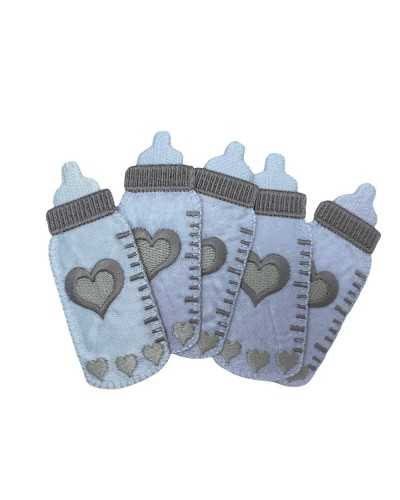 Thermoadhesive Application Baby Bottle Glossy White Satin Beige Heart Embroidery 85x35 Mm