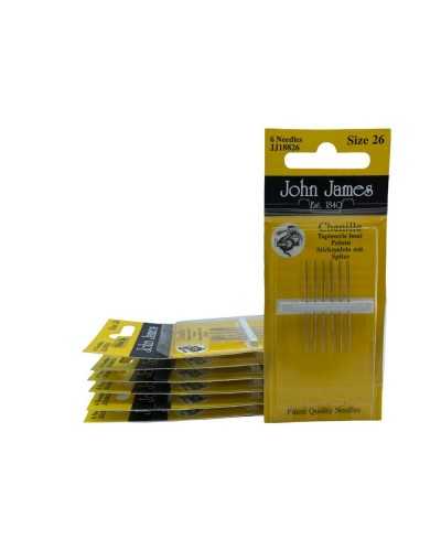 6 Agujas de Lana de Mano Mis. 26 Punta Bruco Chenilla Tres Estrellas John James 35 Mm Alto