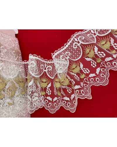 Passementerie Dentelle Sacrée Eglise Tulle Blanc Brodé Calice Or Lurex Oreille Haut 13,5 Cm