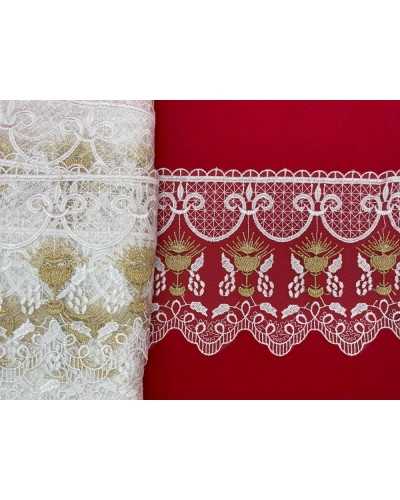Passamaneria Pizzo Sacro Chiesa Tulle Bianco Ricamato Calice Oro Lurex Spiga Alto 13,5 Cm