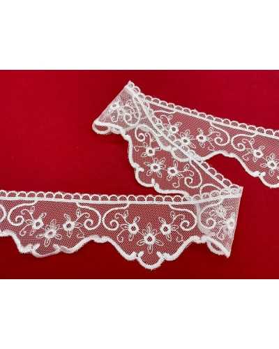 Besätze, weiße Spitze, Tüllspitze, gewellter Rand, bestickte Blume, 6 cm hoch