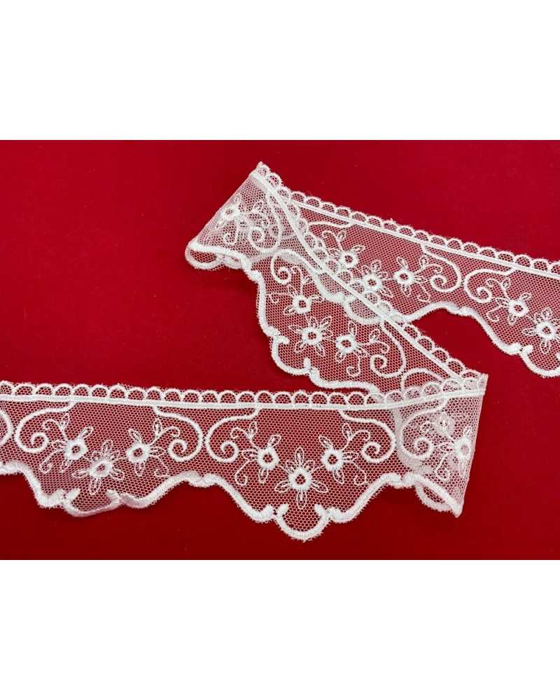 Passementerie Dentelle Blanche Pointe De Tulle Bord Festonné Fleur Brodée 6 Cm De Haut