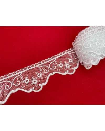 Passementerie Dentelle Blanche Pointe De Tulle Bord Festonné Fleur Brodée 6 Cm De Haut