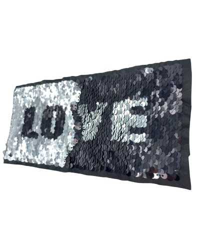 Nähapplikation Love Pailletten doppelt wendbar schwarz silber Love 240x115 mm