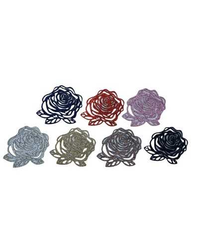 Ecusson Application Thermocollant Fleur Rose Paillettes 6x5 Cm